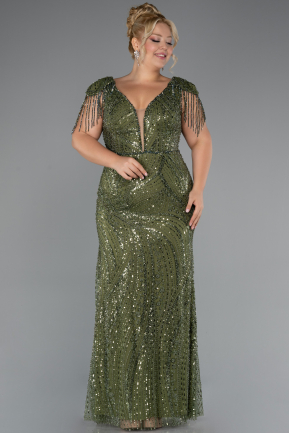 Long Olive Drab Beaded Plus Size Evening Dress ABU5336
