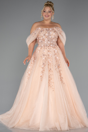 Salmon Boat Neck Embroidered Long Plus Size Special Design Dress ABU4722