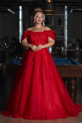 Red Boat Neck Embroidered Long Plus Size Special Design Dress ABU4722