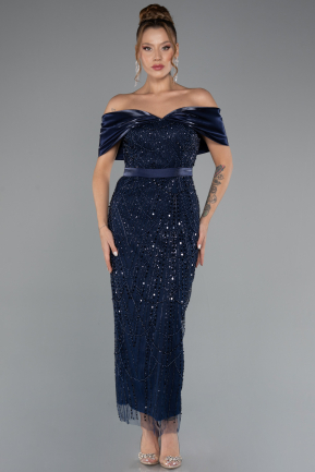 Midi Navy Blue Beaded Party Dress ABK2453