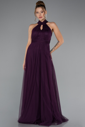 Purple Halter Neck Long Graduation Prom Dress ABU3252