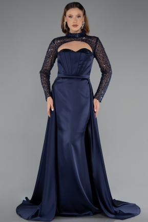 Navy Blue Long Sleeve Bustier Detailed Sequin Train Satin Evening Gown ABU4765