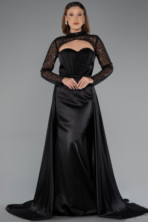 Black Long Sleeve Bustier Detailed Sequin Train Satin Evening Gown ABU4765