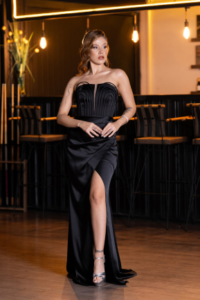 Long Black Satin Prom Gown ABU5417