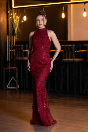 Burgundy Halter Neck Long Beaded Mermaid Evening Gown ABU4791
