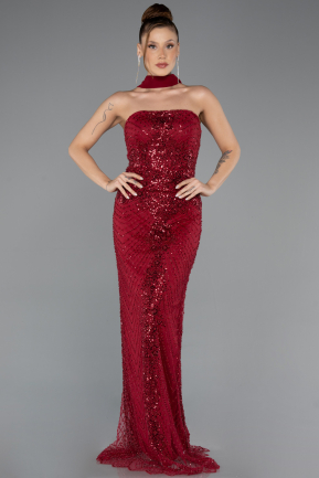 Long Burgundy Beaded Evening Dress ABU5438