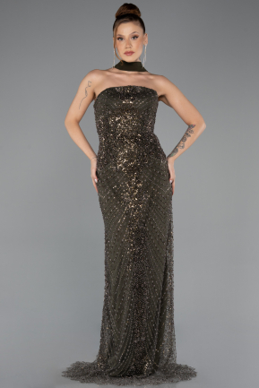 Long Dark Khaki Beaded Evening Dress ABU5438