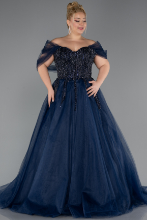 Navy Blue Off The Shoulder Stoned Plus Size Ball Gown Prom Dress ABU4747