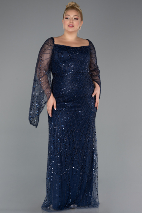 Long Navy Blue Beaded Plus Size Evening Gown ABU5067