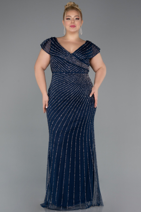 Long Navy Blue Stony Plus Size Evening Dress ABU5439
