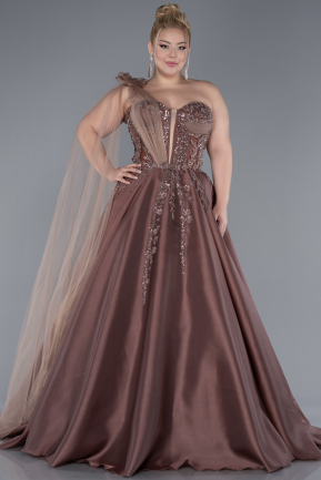Light Brown Embroidered Long Plus Size Haute Couture Dress ABU4467