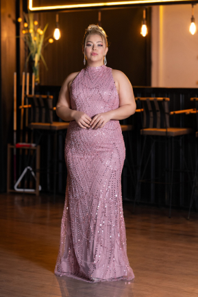 Powder Color Long Beaded Plus Size Evening Dress ABU5063