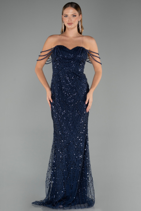 Long Navy Blue Beaded Evening Dress ABU5477