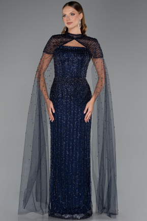 Long Navy Blue Beaded Evening Dress ABU5483