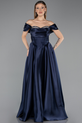 Long Navy Blue Satin Evening Dress ABU5530