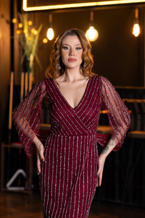 Long Burgundy Stony Evening Dress ABU5475