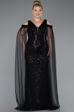 Long Black Beaded Plus Size Evening Gown ABU5498
