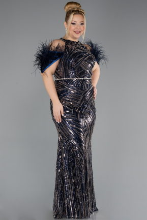 Long Navy Blue Beaded Plus Size Evening Dress ABU5540