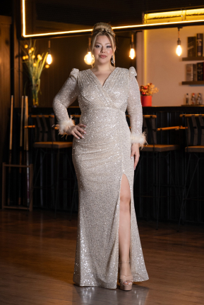 Beige Long Scaly Plus Size Evening Dress ABU3505