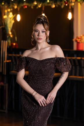 Long Brown Beaded Evening Dress ABU5547