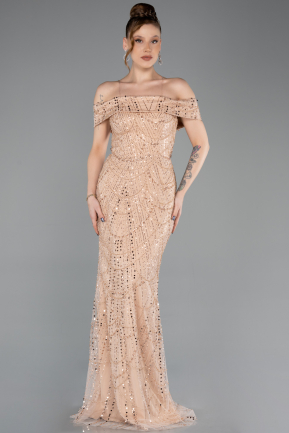 Beige Long Beaded Evening Dress ABU5492
