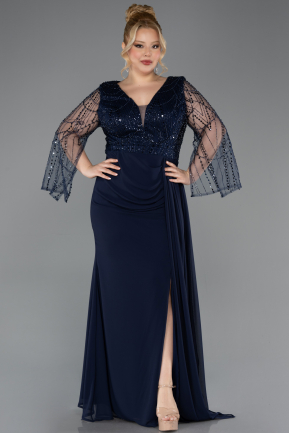 Long Navy Blue Chiffon Plus Size Evening Dress ABU5624
