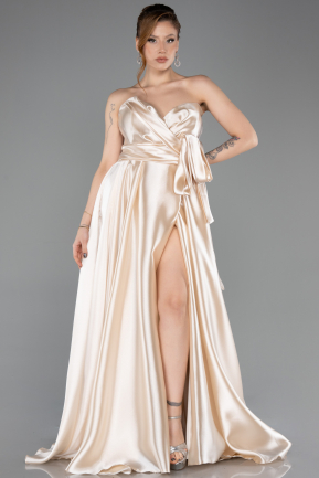 Beige Strapless High Slit Long Satin Graduation Prom Dress ABU4774