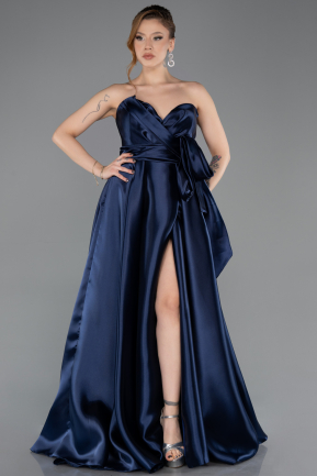 Navy Blue Strapless High Slit Long Satin Graduation Prom Dress ABU4774