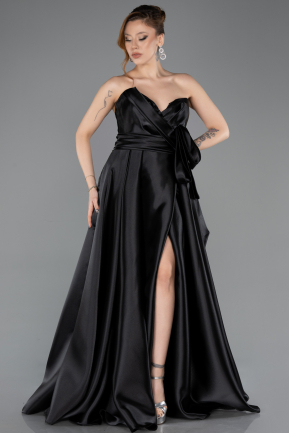 Black Strapless High Slit Long Satin Graduation Prom Dress ABU4774
