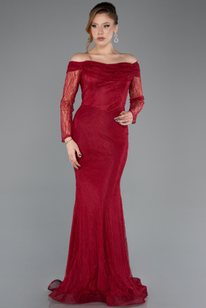 Cherry Colored Long Dantelle Evening Dress ABU5617