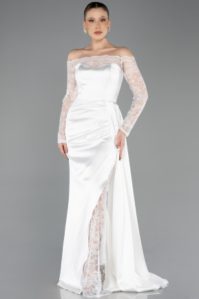 White Long Satin Mermaid Evening Gown ABU5641
