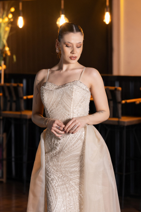 Long Beige Beaded Evening Dress ABU5730