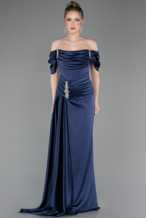 Long Navy Blue Satin Mermaid Evening Gown ABU5765