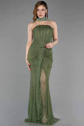 Olive Drab Long Dantelle Evening Dress ABU5686