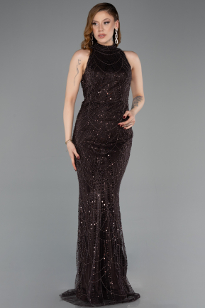 Dark Brown Halter Neck Long Beaded Mermaid Evening Gown ABU4791