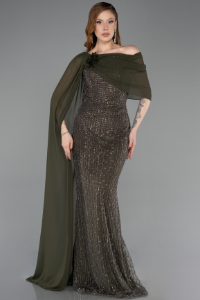Long Olive Drab Beaded Evening Dress ABU5816