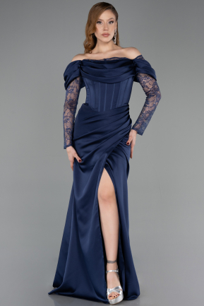 Long Navy Blue Satin Evening Dress ABU5829