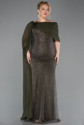 Long Olive Drab Beaded Plus Size Evening Dress ABU5819