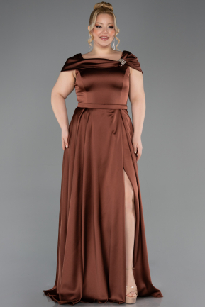 Long Light Brown Satin Plus Size Evening Gown ABU5835