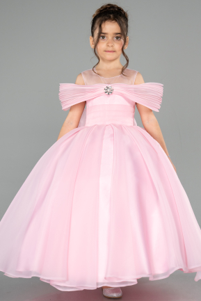 Long Powder Color Satin Kid Wedding Dress ABG176