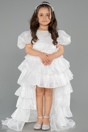 Front Short Back Long White Satin Girl Dress ABO131