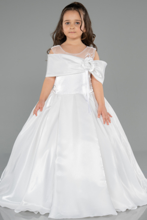 Long White Satin Kid Wedding Dress ABG172