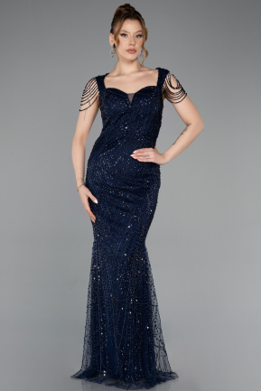 Long Navy Blue Beaded Evening Dress ABU5914