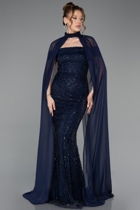 Long Navy Blue Beaded Evening Dress ABU5915