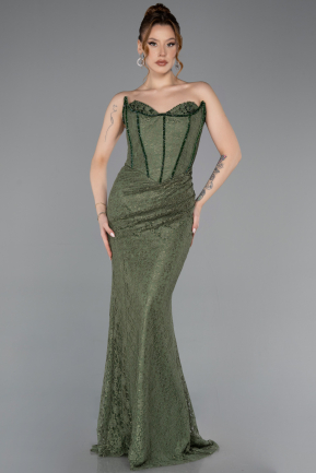 Olive Drab Long Dantelle Evening Dress ABU6148
