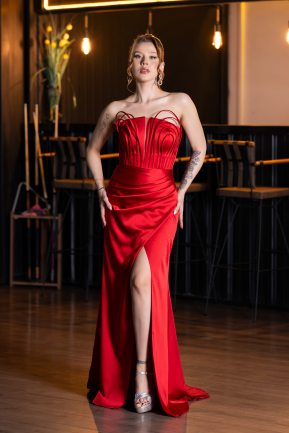 Long Red Satin Prom Gown ABU5923