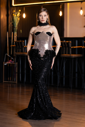 Long Black Scaly Haute Couture Dress ABU5950