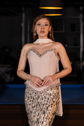 Long Beige Scaly Haute Couture Dress ABU5968