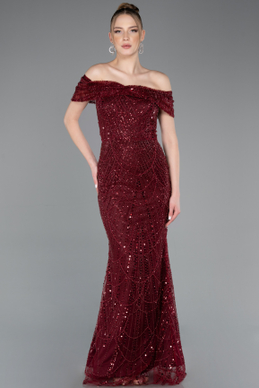 Burgundy Long Beaded Evening Dress ABU5694
