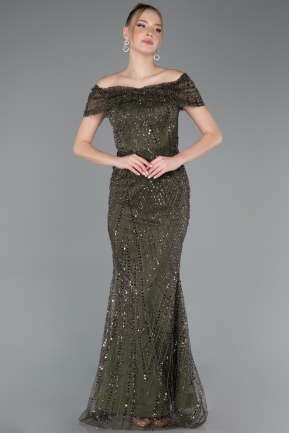 Olive Drab Long Beaded Evening Dress ABU5694